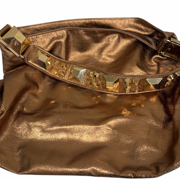 Betsey Johnson Metallic Bronze Hobo Bag Chunky Gold Stud Handle Faux Leather - Picture 6 of 7
